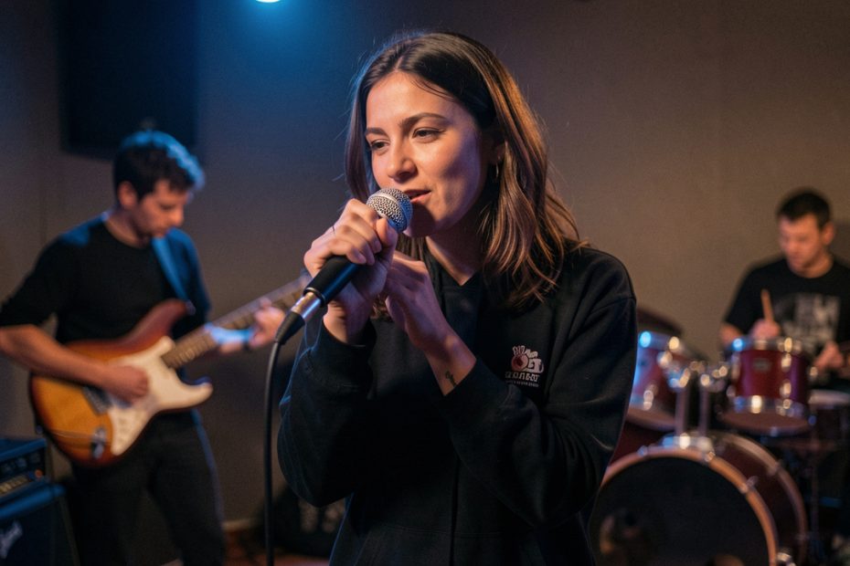 Une chanteuse répète avec un microphone à la main dans une petite salle de concert, accompagnée d’un groupe en arrière-plan sous une lumière de scène sobre.