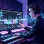 Quelles plateformes choisir pour publier de la musique IA sans fraude aux écoutes ? Illustration éditoriale d’un jeune musicien dans un studio moderne, devant un ordinateur affichant une interface abstraite de distribution musicale entourée d’ondes sonores lumineuses générées par intelligence artificielle.