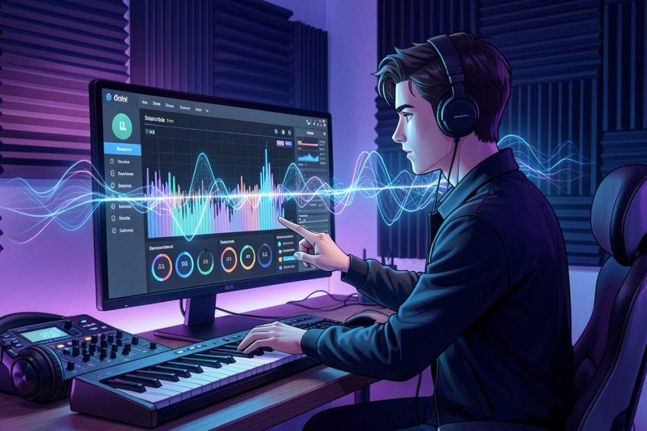 Illustration éditoriale d’un jeune musicien dans un studio moderne, devant un ordinateur affichant une interface abstraite de distribution musicale entourée d’ondes sonores lumineuses générées par intelligence artificielle.