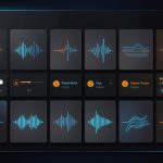 Quelles protections choisir face aux arnaques à la musique IA en streaming ? Illustration éditoriale d’une interface de streaming musical sombre et technologique, avec des profils génériques dupliqués, des formes d’ondes musicales abstraites et des indicateurs d’alerte orange.