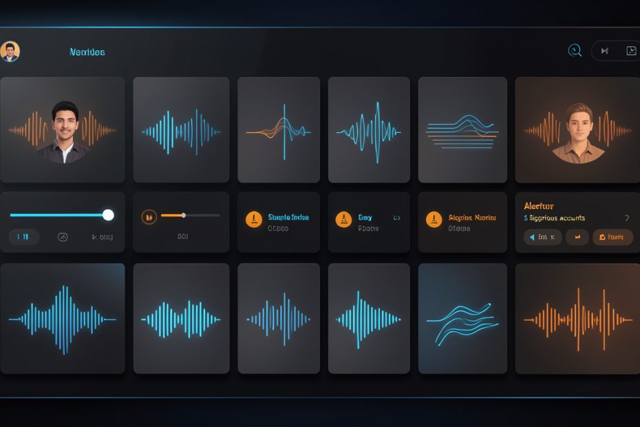 Illustration éditoriale d’une interface de streaming musical sombre et technologique, avec des profils génériques dupliqués, des formes d’ondes musicales abstraites et des indicateurs d’alerte orange.