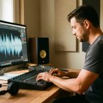 Comment l’effet Mozart agit-il sur la concentration en studio ? Producteur de musique dans un home studio calme, réglant son matériel devant un écran audio abstrait, avec un casque posé sur la table et une lumière douce.