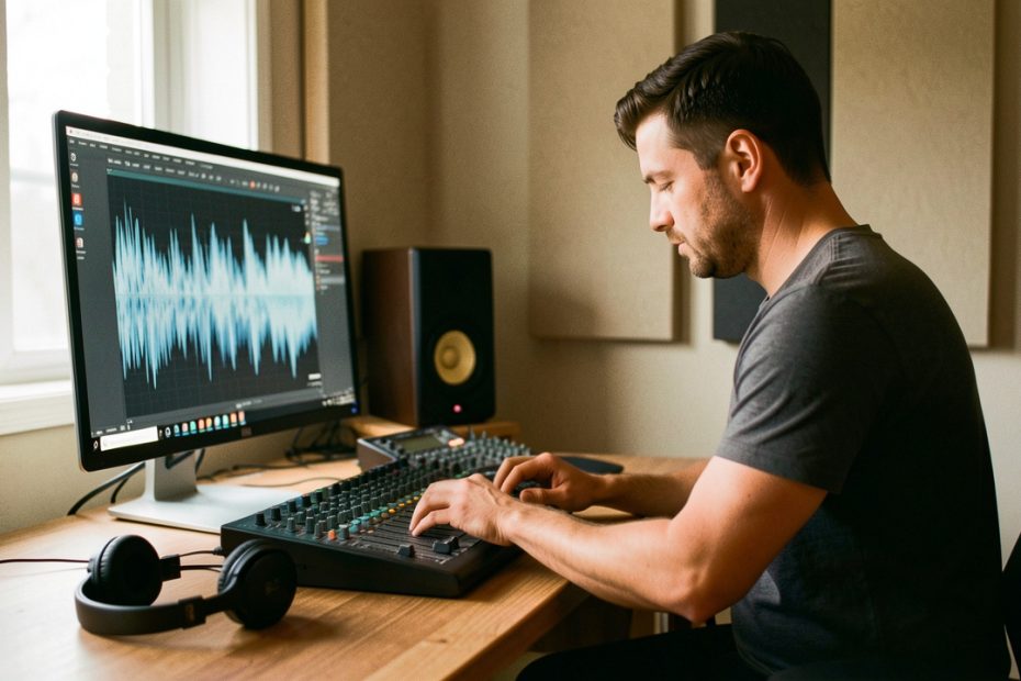 Producteur de musique dans un home studio calme, réglant son matériel devant un écran audio abstrait, avec un casque posé sur la table et une lumière douce.