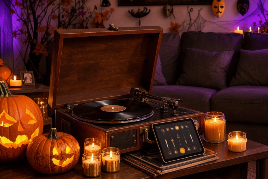Salon décoré pour Halloween avec une platine vinyle, une tablette aux commandes musicales abstraites, des bougies, des citrouilles et une lumière violette.
